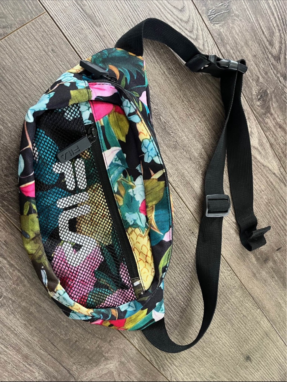 Fila Black Floral Belt Bag with Teal & Pink Accents